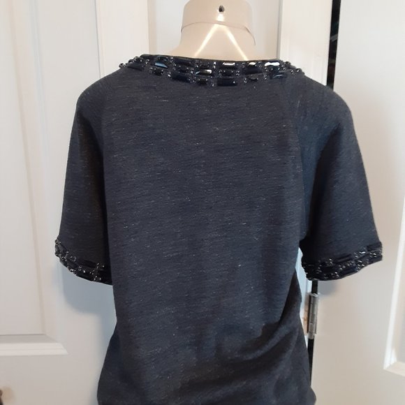 J. Crew Heathered Blue Rhinestone & Beaded Short Sleeve Cotton Sweatshirt - Picture 7 of 12